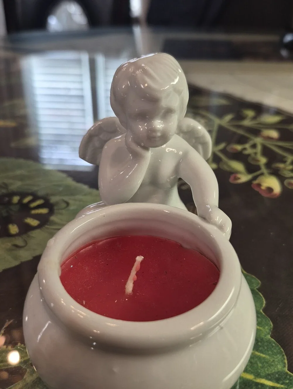 White Ceramic Cherub Candle Holder with Red Candle